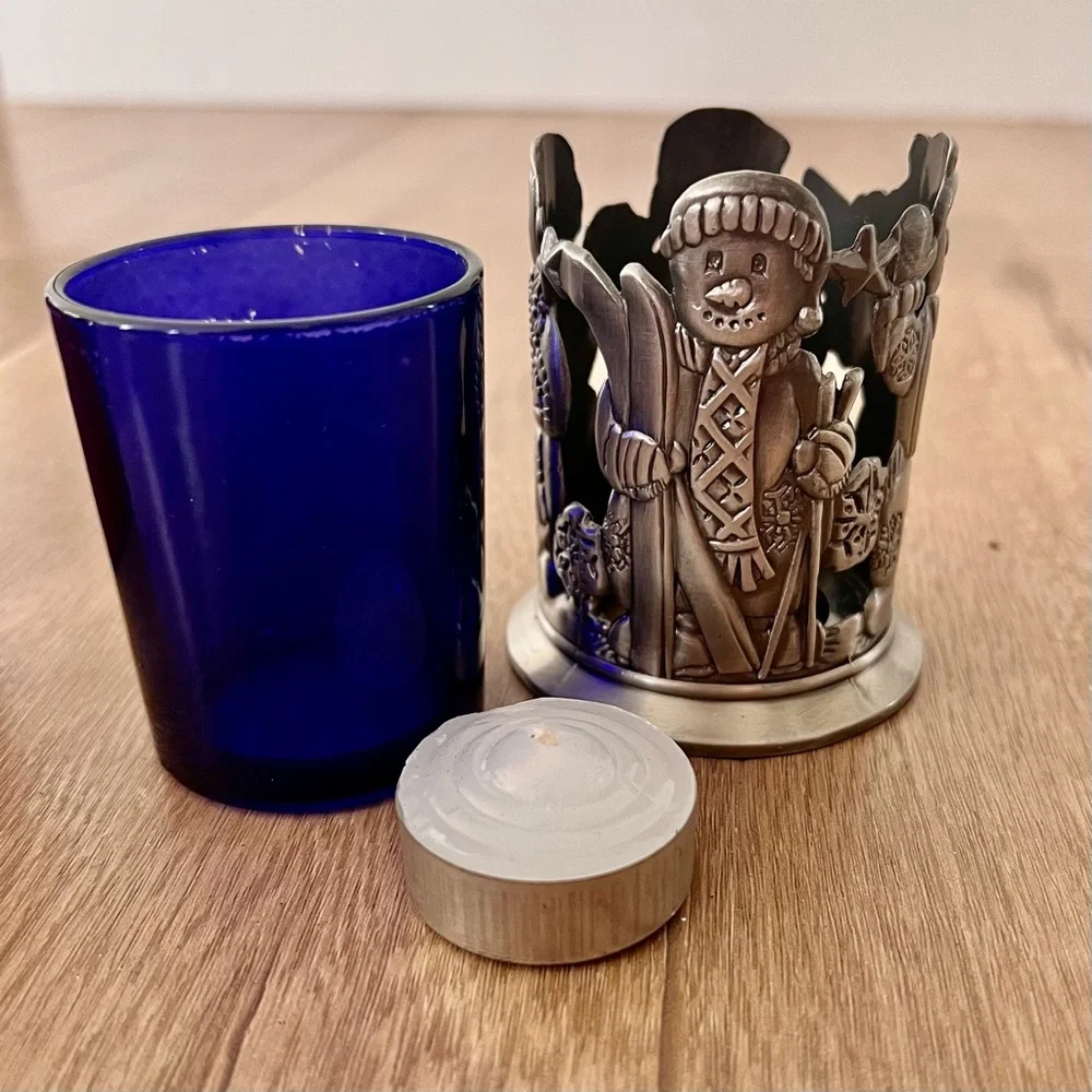 NIB Home For The Holidays Mini Votive Candle Holder Pewter Blue Glass Snow‎ Man